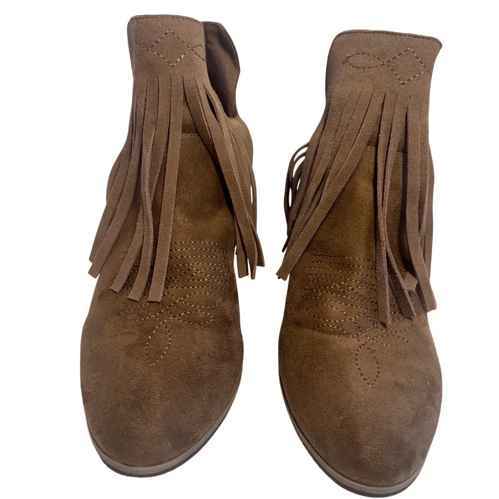 Ariat Brown Faux Suede Fringe‎ Western Ankle Boots Women 9.5 Block Heel Booties